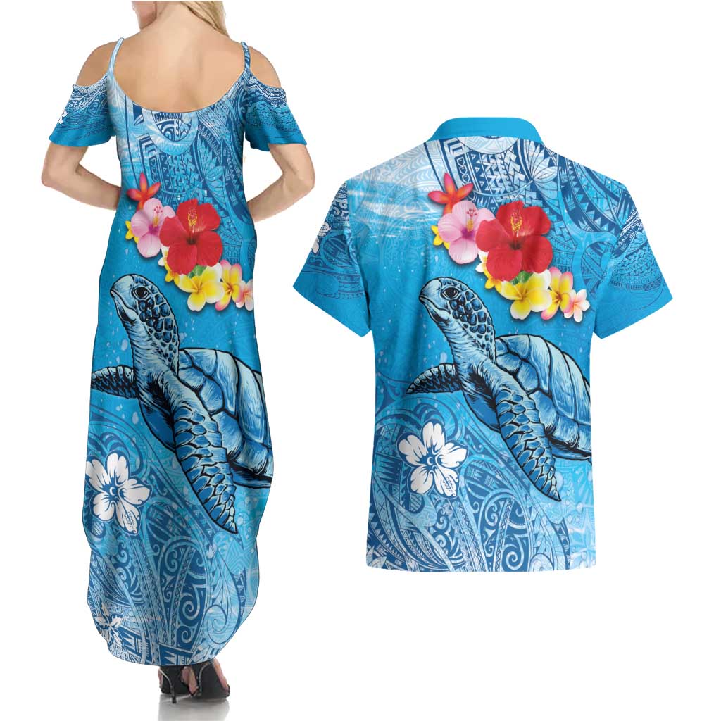 Hawaii Sea Turtle and Tropical Flowers Couples Matching Summer Maxi Dress and Hawaiian Shirt Polynesian Tattoo Undersea Vibe