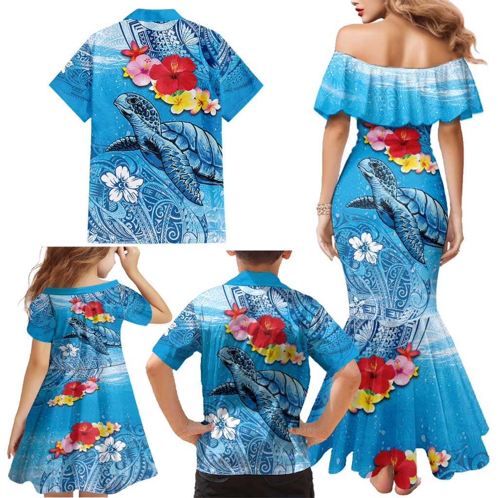 Hawaii Sea Turtle and Tropical Flowers Family Matching Mermaid Dress and Hawaiian Shirt Polynesian Tattoo Undersea Vibe