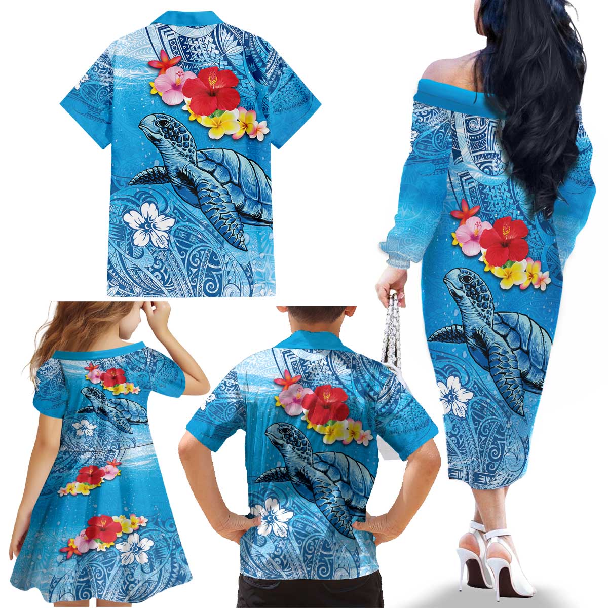 Hawaii Sea Turtle and Tropical Flowers Family Matching Off The Shoulder Long Sleeve Dress and Hawaiian Shirt Polynesian Tattoo Undersea Vibe