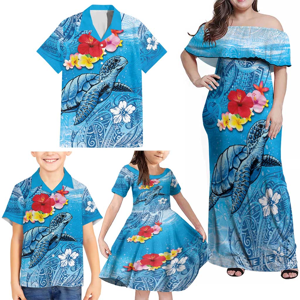 Hawaii Sea Turtle and Tropical Flowers Family Matching Off Shoulder Maxi Dress and Hawaiian Shirt Polynesian Tattoo Undersea Vibe