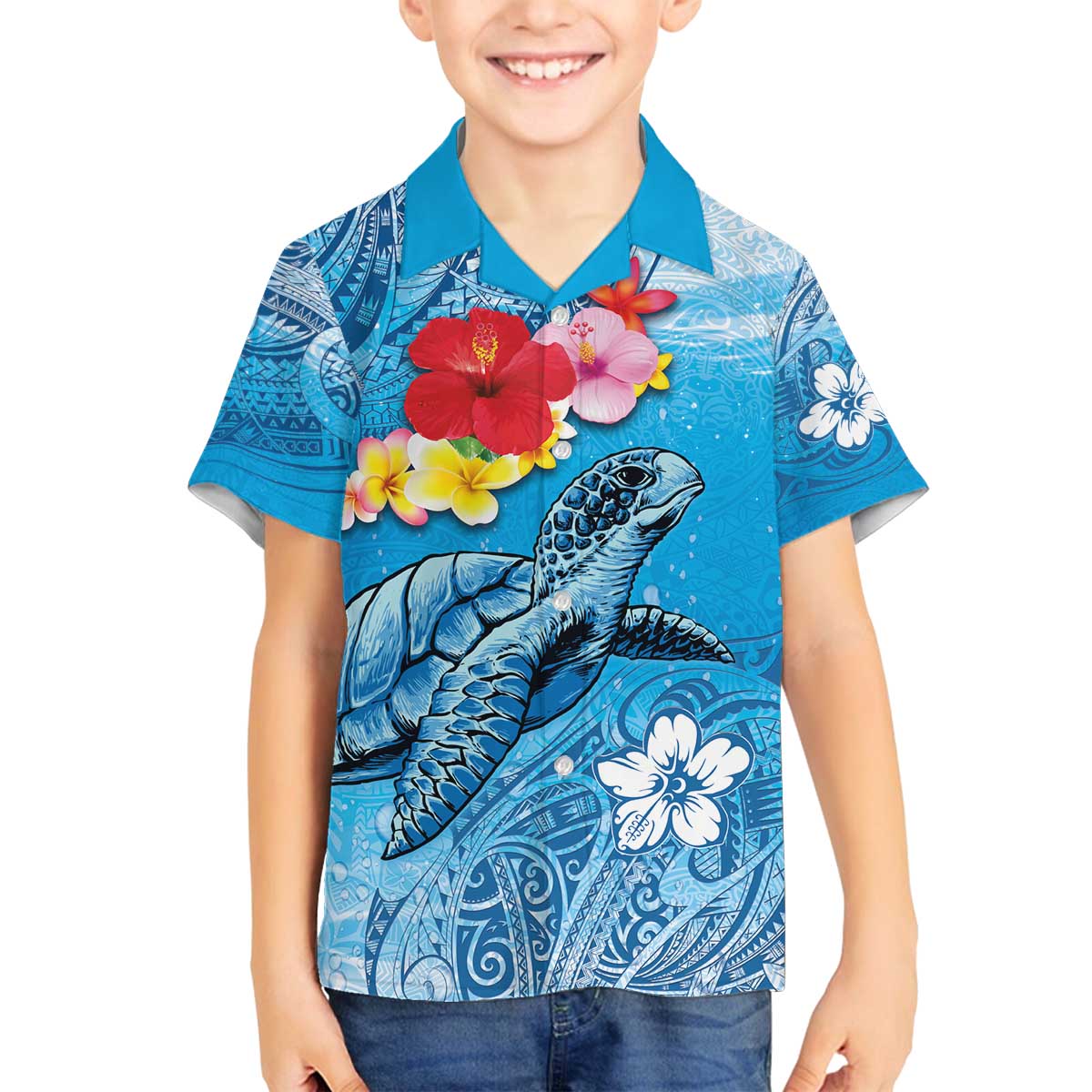 Hawaii Sea Turtle and Tropical Flowers Family Matching Puletasi and Hawaiian Shirt Polynesian Tattoo Undersea Vibe