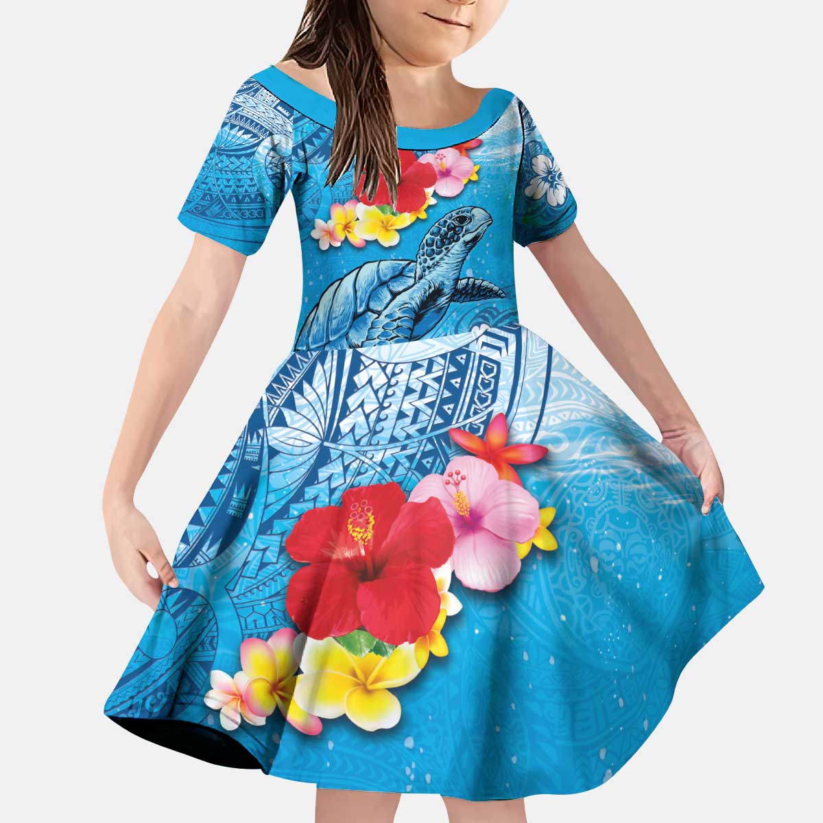 Hawaii Sea Turtle and Tropical Flowers Kid Short Sleeve Dress Polynesian Tattoo Undersea Vibe