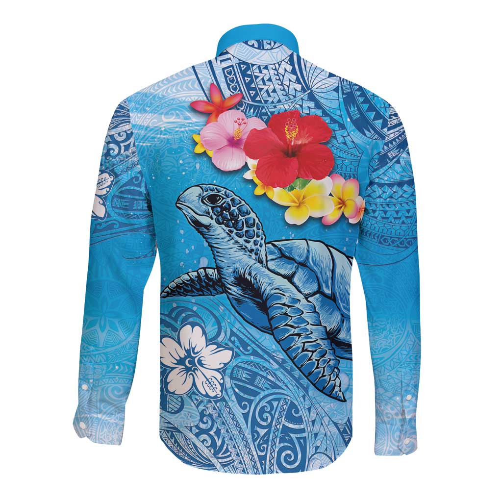 Hawaii Sea Turtle and Tropical Flowers Long Sleeve Button Shirt Polynesian Tattoo Undersea Vibe LT03 - Polynesian Pride