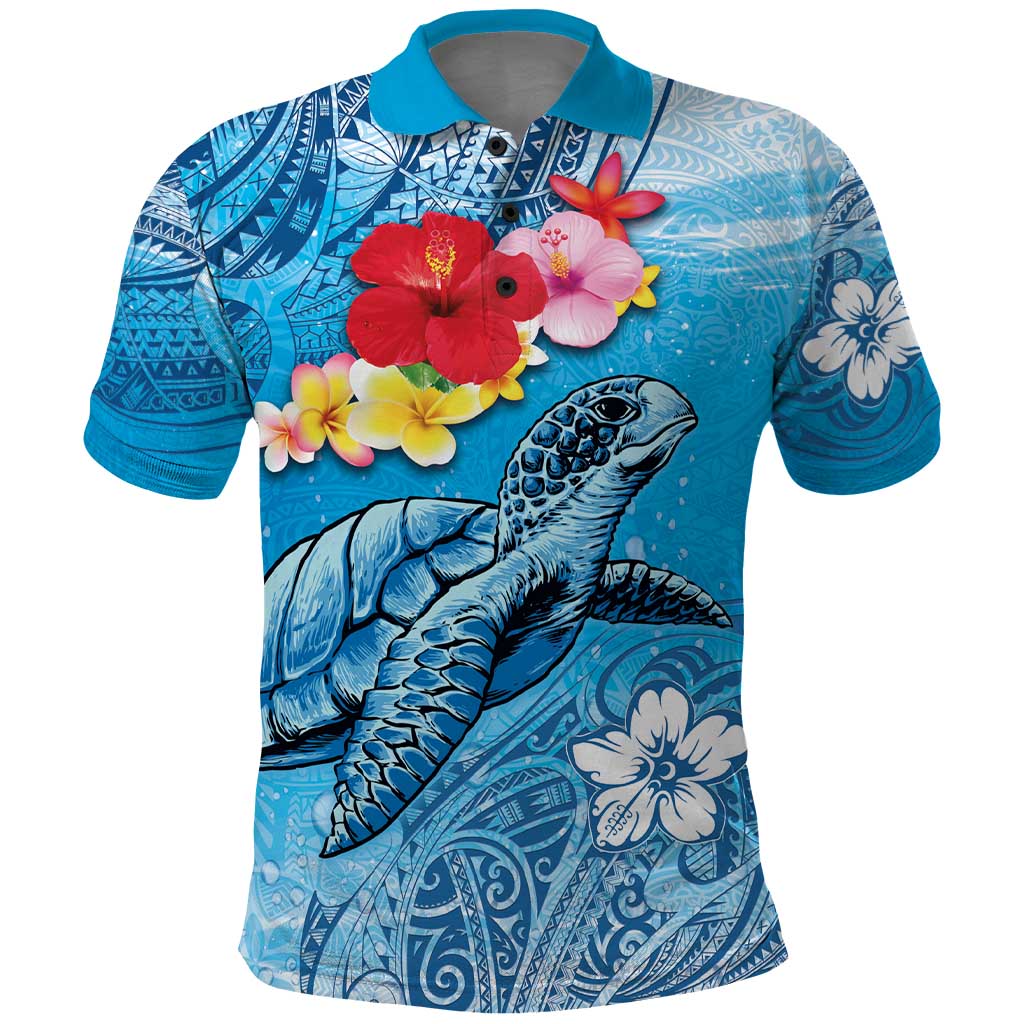 Hawaii Sea Turtle and Tropical Flowers Polo Shirt Polynesian Tattoo Undersea Vibe LT03 Blue - Polynesian Pride