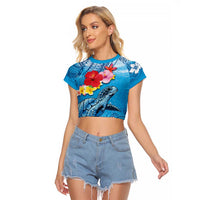 Hawaii Sea Turtle and Tropical Flowers Raglan Cropped T-Shirt - Polynesian Tattoo Undersea Vibe LT03 Female Blue - Polynesian Pride