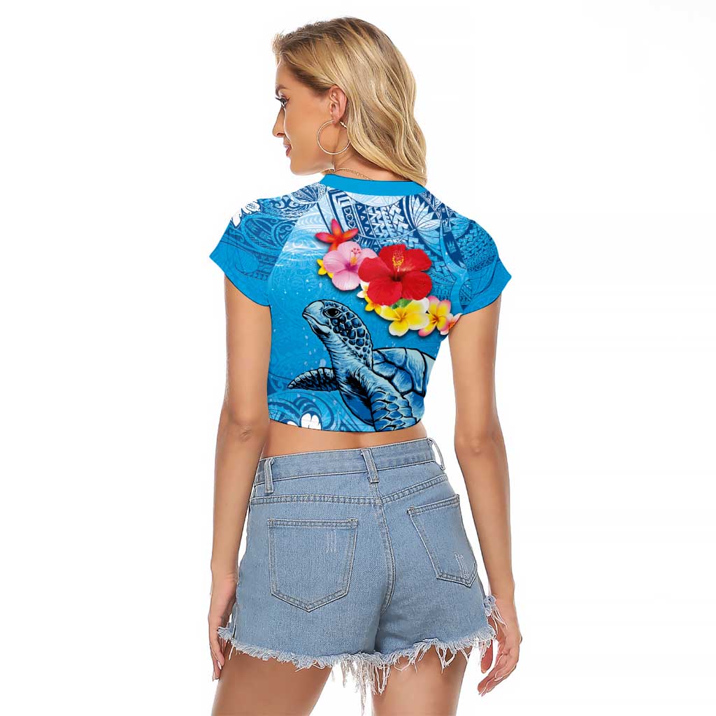 Hawaii Sea Turtle and Tropical Flowers Raglan Cropped T-Shirt - Polynesian Tattoo Undersea Vibe LT03 - Polynesian Pride