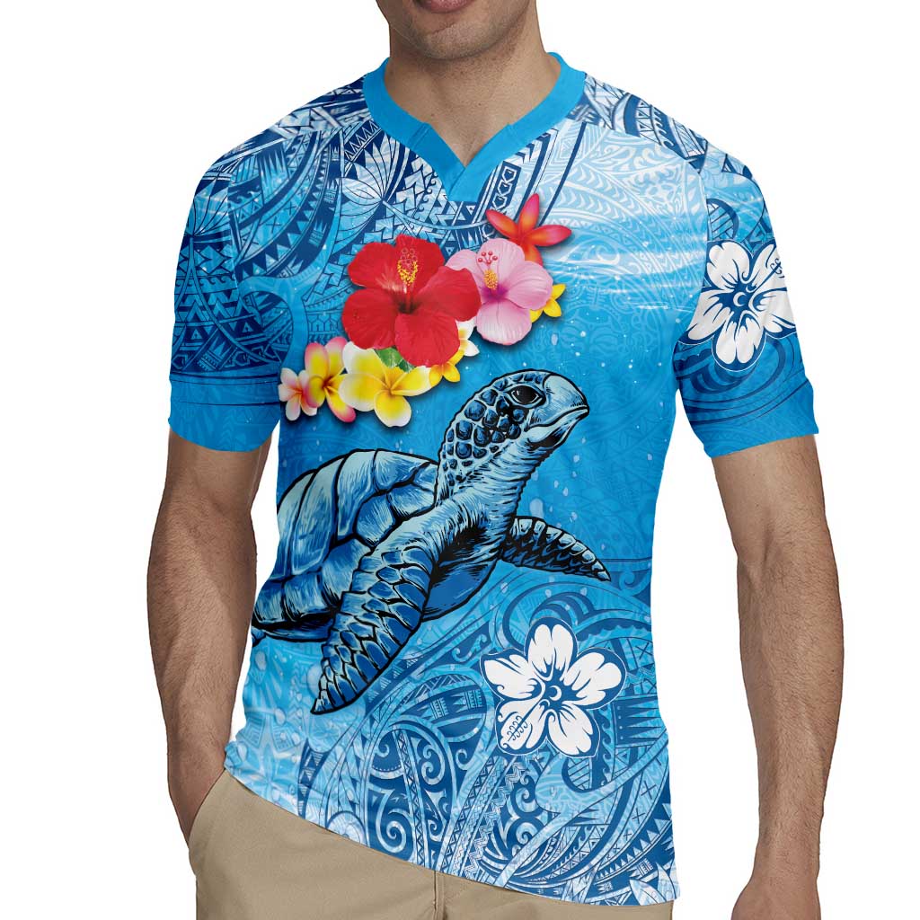 Hawaii Sea Turtle and Tropical Flowers Rugby Jersey Polynesian Tattoo Undersea Vibe