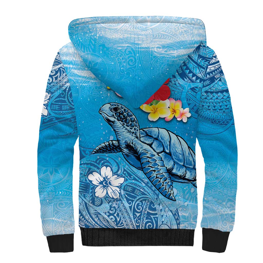 Hawaii Sea Turtle and Tropical Flowers Sherpa Hoodie Polynesian Tattoo Undersea Vibe
