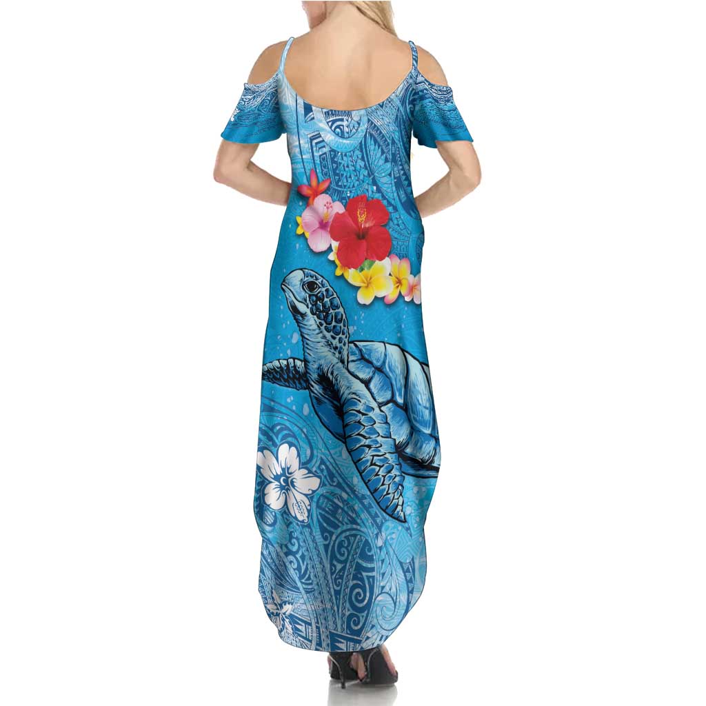 Hawaii Sea Turtle and Tropical Flowers Summer Maxi Dress Polynesian Tattoo Undersea Vibe