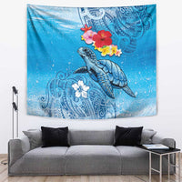 Hawaii Sea Turtle and Tropical Flowers Tapestry Polynesian Tattoo Undersea Vibe LT03 Blue - Polynesian Pride