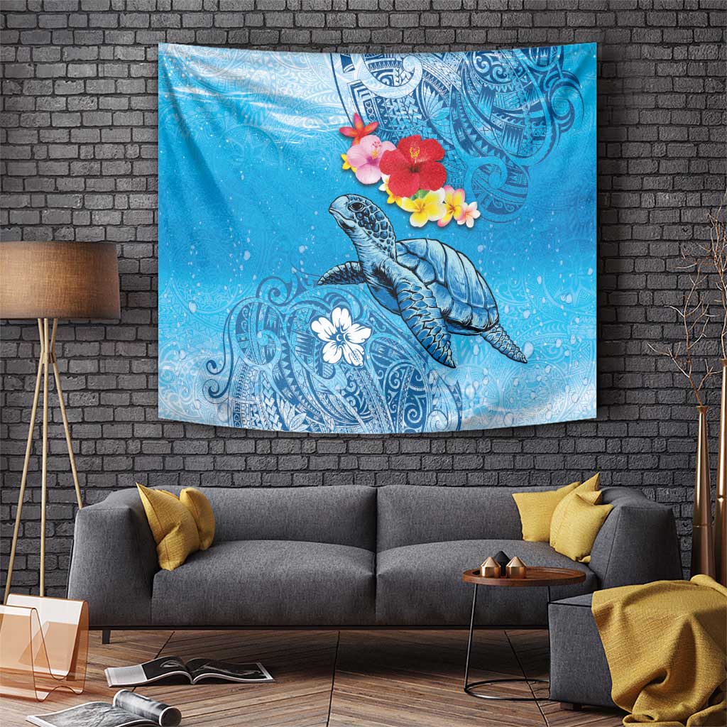 Hawaii Sea Turtle and Tropical Flowers Tapestry Polynesian Tattoo Undersea Vibe LT03 - Polynesian Pride