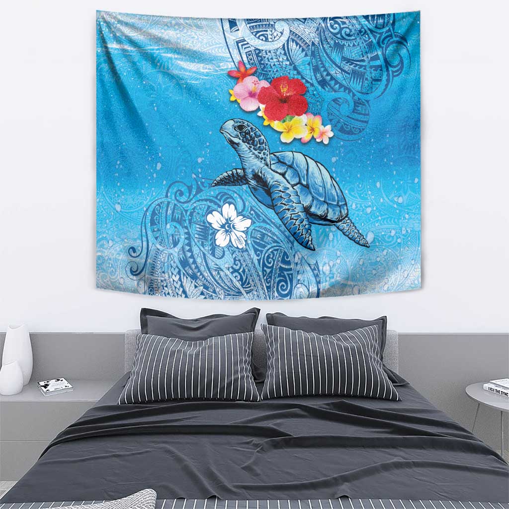 Hawaii Sea Turtle and Tropical Flowers Tapestry Polynesian Tattoo Undersea Vibe LT03 - Polynesian Pride