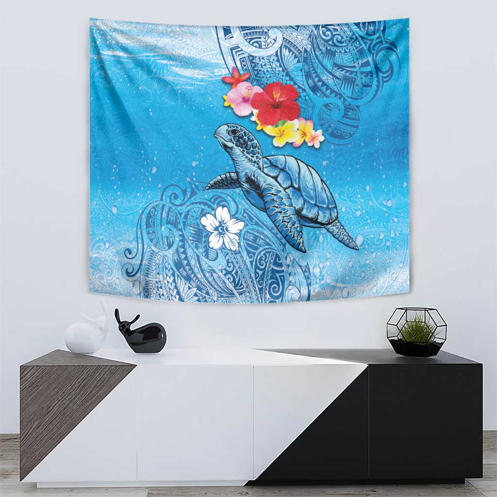 Hawaii Sea Turtle and Tropical Flowers Tapestry Polynesian Tattoo Undersea Vibe LT03 - Polynesian Pride
