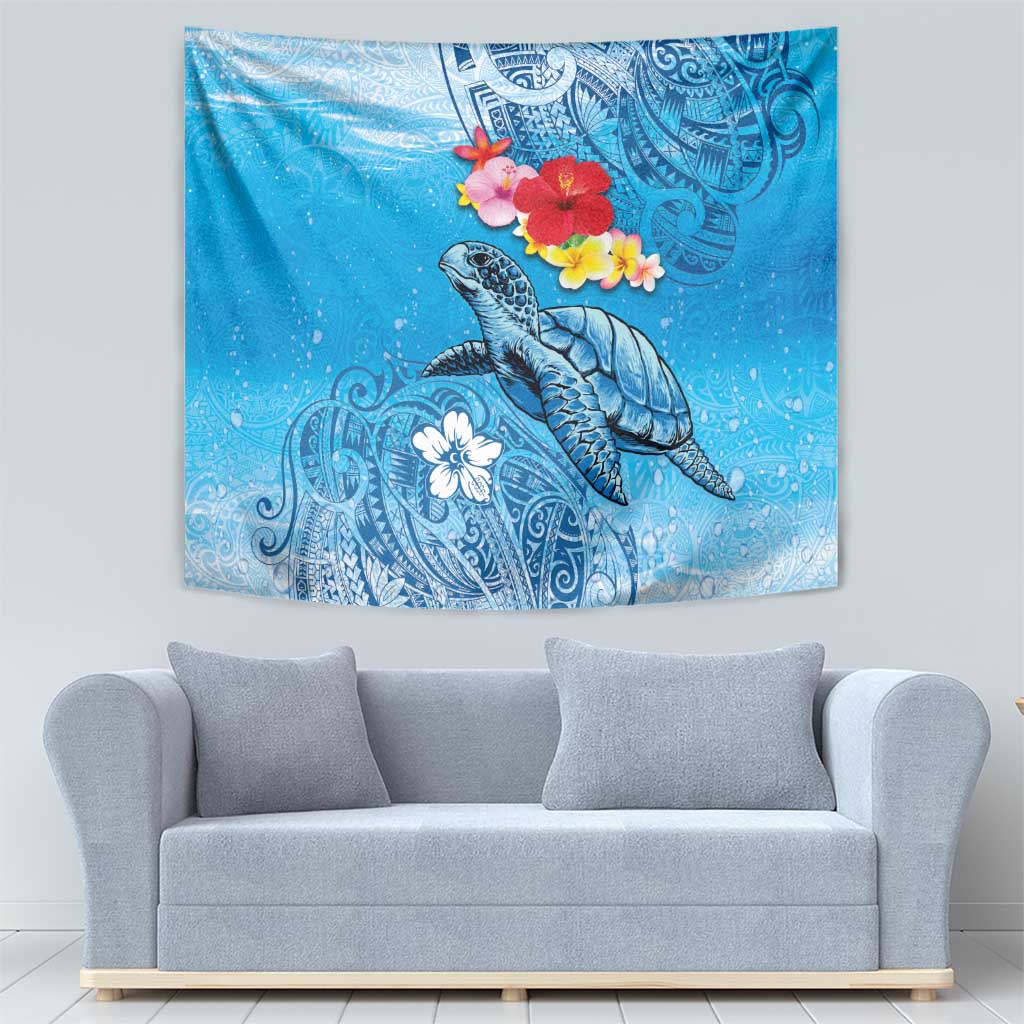 Hawaii Sea Turtle and Tropical Flowers Tapestry Polynesian Tattoo Undersea Vibe LT03 - Polynesian Pride