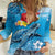 Hawaii Sea Turtle and Tropical Flowers Women Casual Shirt Polynesian Tattoo Undersea Vibe
