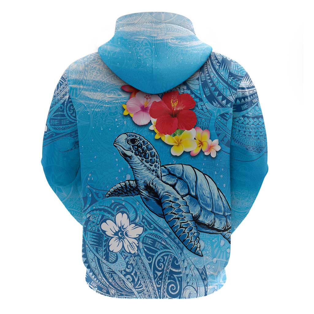 Hawaii Sea Turtle and Tropical Flowers Zip Hoodie Polynesian Tattoo Undersea Vibe