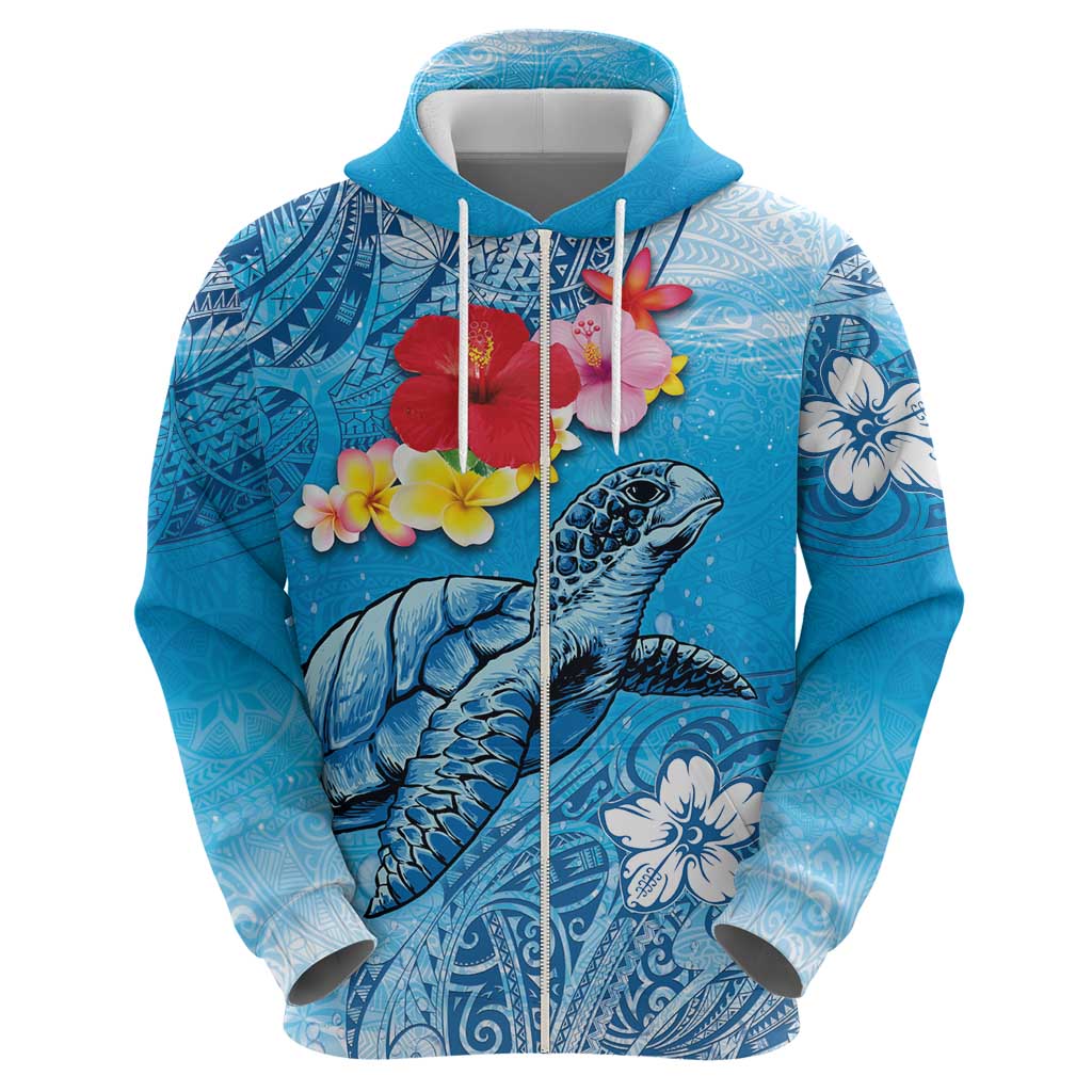 Hawaii Sea Turtle and Tropical Flowers Zip Hoodie Polynesian Tattoo Undersea Vibe