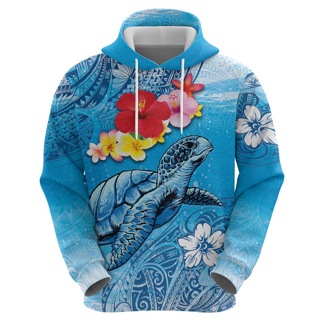 Hawaii Sea Turtle and Tropical Flowers Zip Hoodie Polynesian Tattoo Undersea Vibe