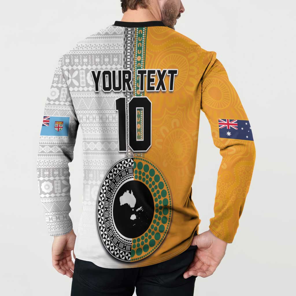 Custom Fiji and Australia Rugby Button Sweatshirt Aboriginal and Fijian Masi Pattern
