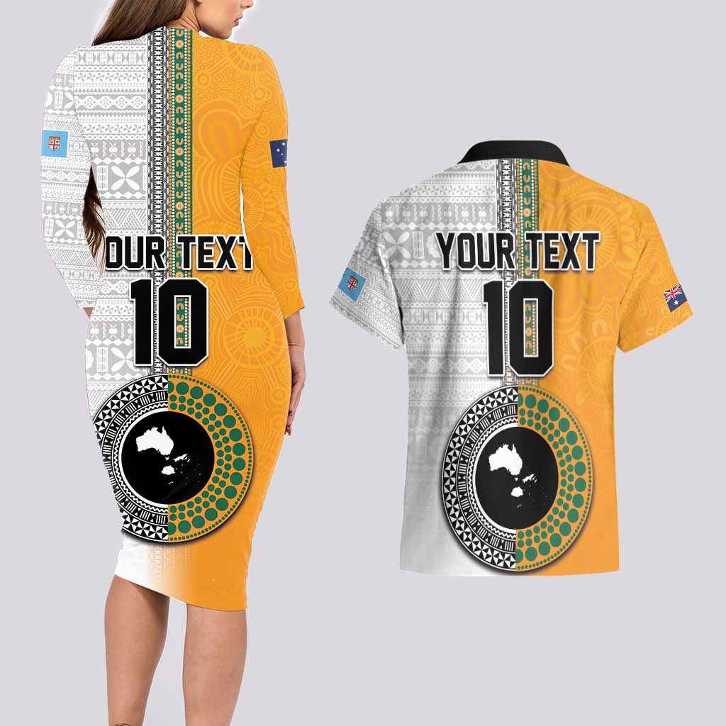 Custom Fiji and Australia Rugby Couples Matching Long Sleeve Bodycon Dress and Hawaiian Shirt Aboriginal and Fijian Masi Pattern