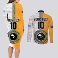 Custom Fiji and Australia Rugby Couples Matching Long Sleeve Bodycon Dress and Long Sleeve Button Shirt Aboriginal and Fijian Masi Pattern