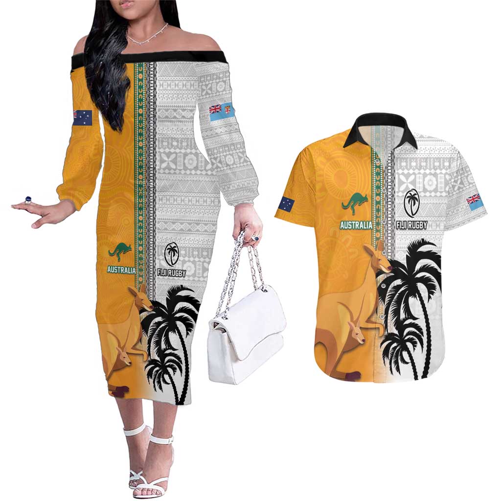 Custom Fiji and Australia Rugby Couples Matching Off The Shoulder Long Sleeve Dress and Hawaiian Shirt Aboriginal and Fijian Masi Pattern