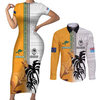 Custom Fiji and Australia Rugby Couples Matching Short Sleeve Bodycon Dress and Long Sleeve Button Shirt Aboriginal and Fijian Masi Pattern