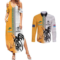 Custom Fiji and Australia Rugby Couples Matching Summer Maxi Dress and Long Sleeve Button Shirt Aboriginal and Fijian Masi Pattern