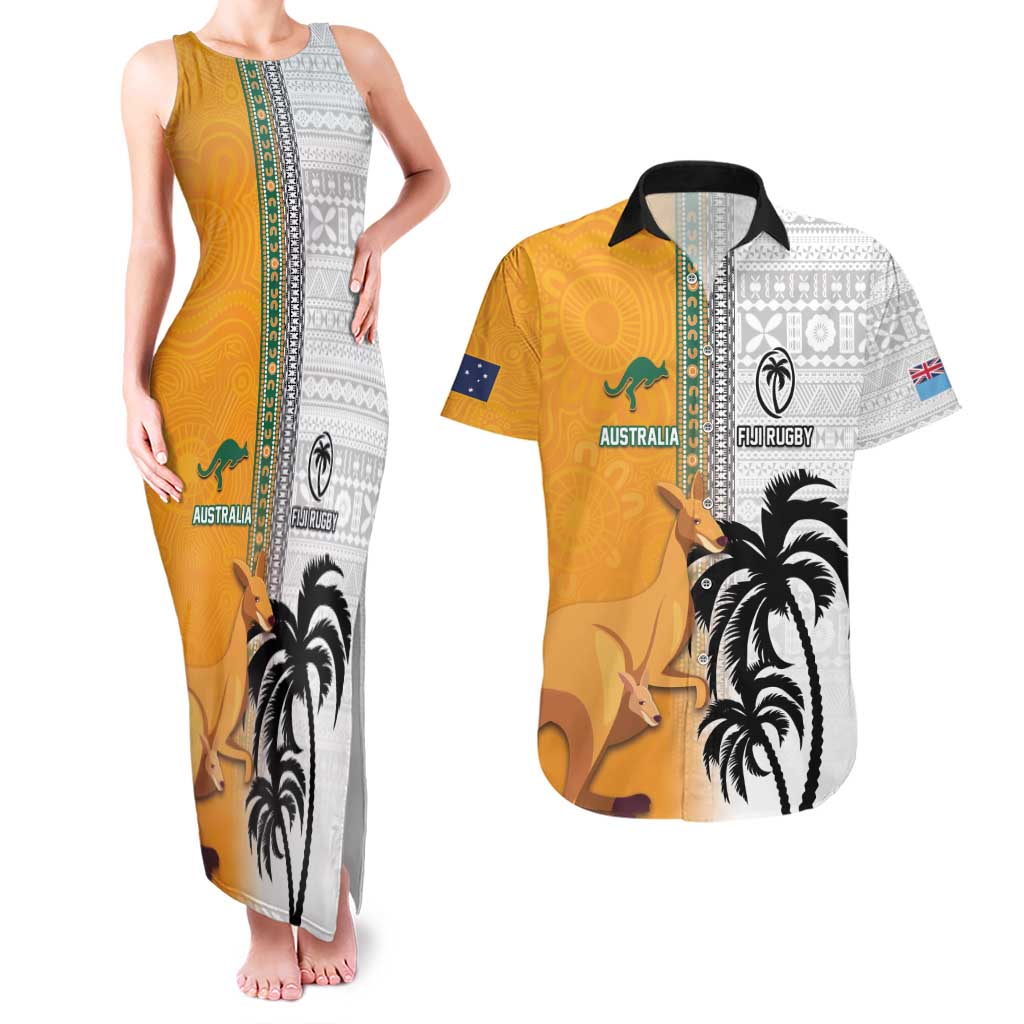 Custom Fiji and Australia Rugby Couples Matching Tank Maxi Dress and Hawaiian Shirt Aboriginal and Fijian Masi Pattern