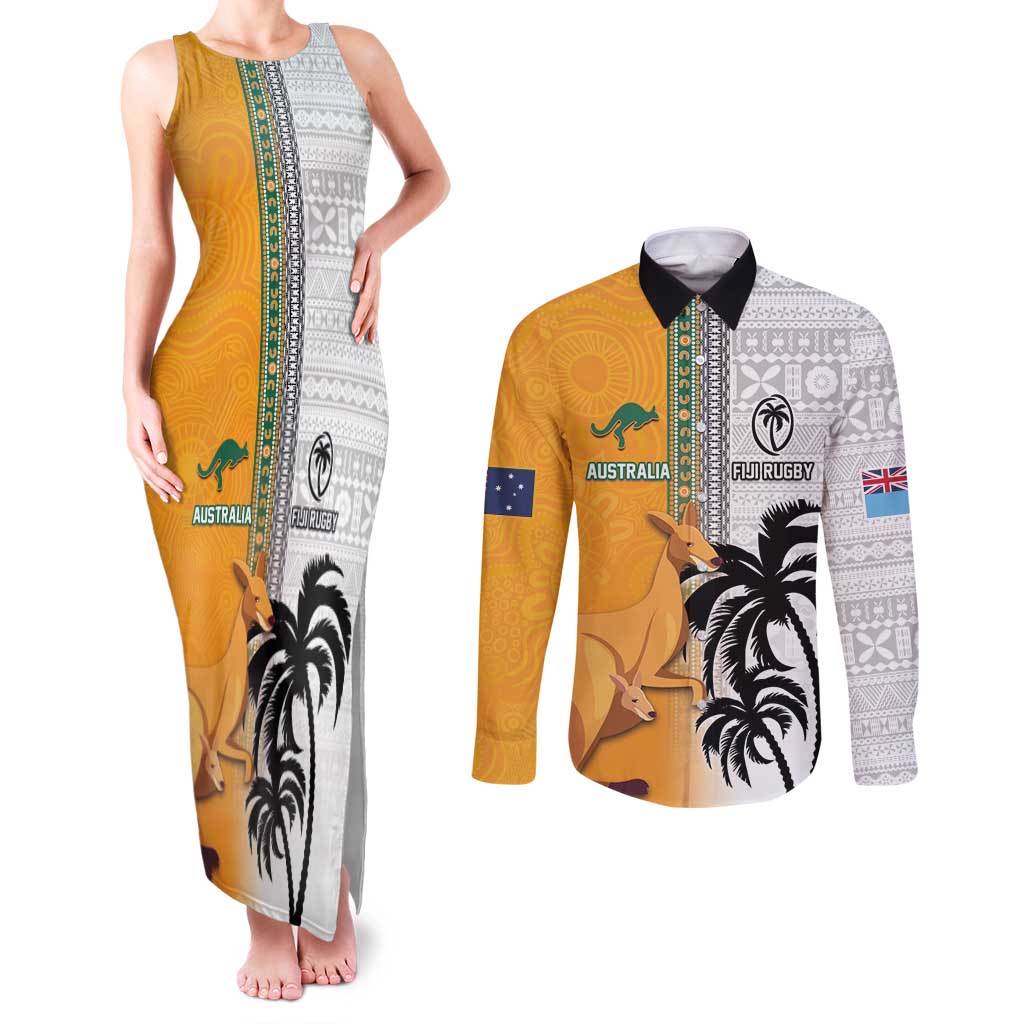 Custom Fiji and Australia Rugby Couples Matching Tank Maxi Dress and Long Sleeve Button Shirt Aboriginal and Fijian Masi Pattern