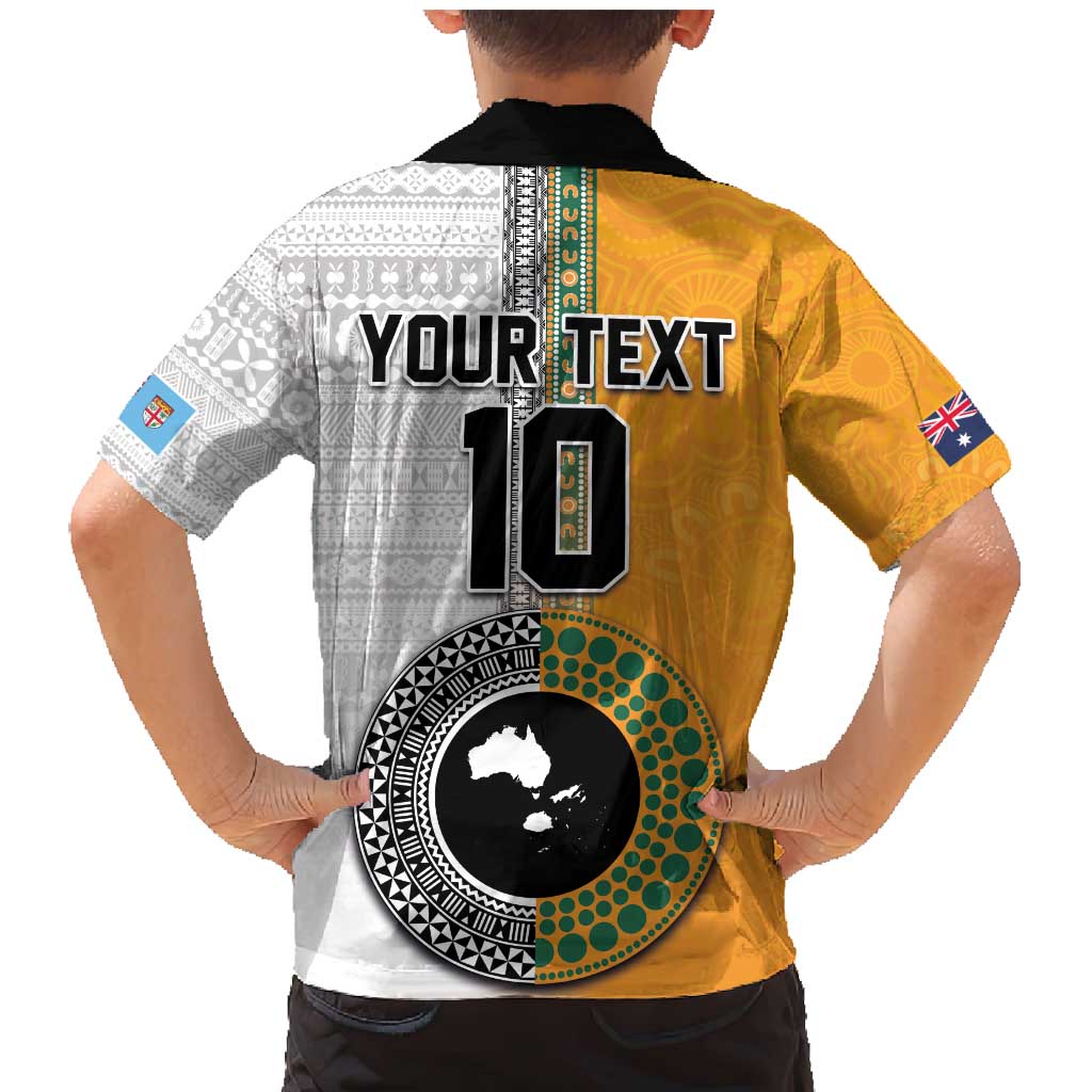 Custom Fiji and Australia Rugby Family Matching Mermaid Dress and Hawaiian Shirt Aboriginal and Fijian Masi Pattern