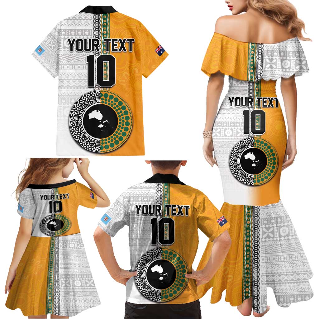 Custom Fiji and Australia Rugby Family Matching Mermaid Dress and Hawaiian Shirt Aboriginal and Fijian Masi Pattern