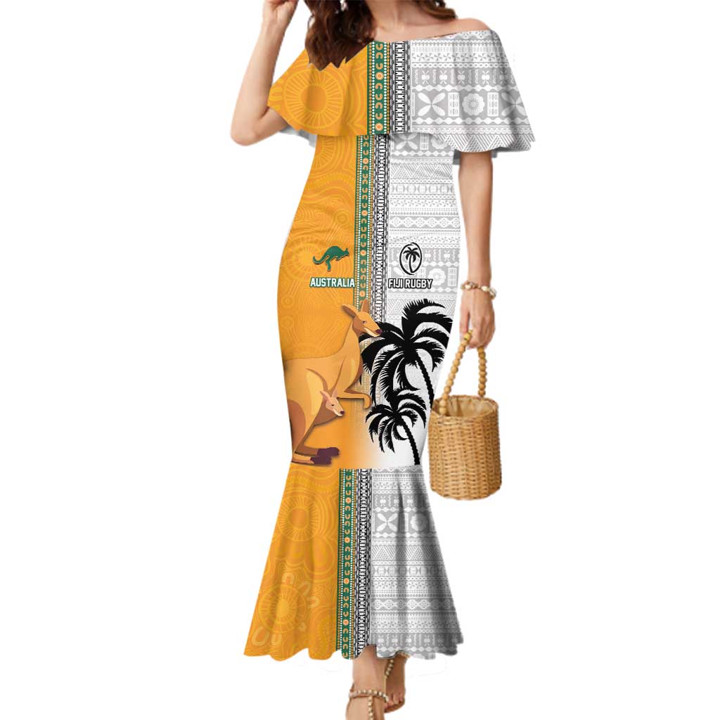 Custom Fiji and Australia Rugby Family Matching Mermaid Dress and Hawaiian Shirt Aboriginal and Fijian Masi Pattern