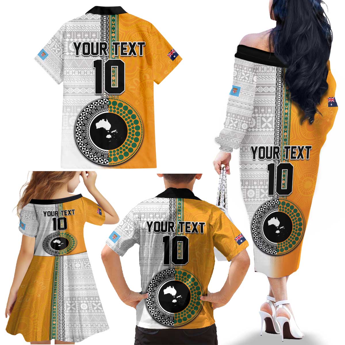 Custom Fiji and Australia Rugby Family Matching Off The Shoulder Long Sleeve Dress and Hawaiian Shirt Aboriginal and Fijian Masi Pattern