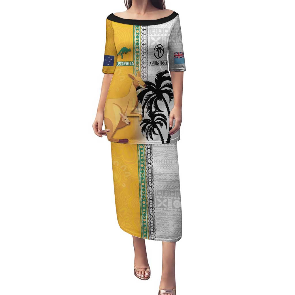 Custom Fiji and Australia Rugby Puletasi Aboriginal and Fijian Masi Pattern LT03 Long Dress White - Polynesian Pride