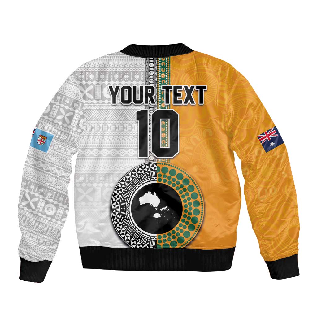 Custom Fiji and Australia Rugby Sleeve Zip Bomber Jacket Aboriginal and Fijian Masi Pattern