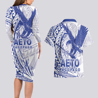 Samoa Pago Pago Aeto Couples Matching Long Sleeve Bodycon Dress and Hawaiian Shirt Wingstyle Blue-White Color - Polynesian Pride