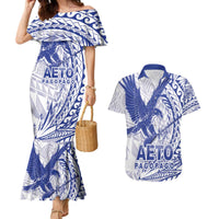 Samoa Pago Pago Aeto Couples Matching Mermaid Dress and Hawaiian Shirt Wingstyle Blue-White Color - Polynesian Pride
