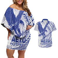Samoa Pago Pago Aeto Couples Matching Off Shoulder Short Dress and Hawaiian Shirt Wingstyle Blue-White Color - Polynesian Pride