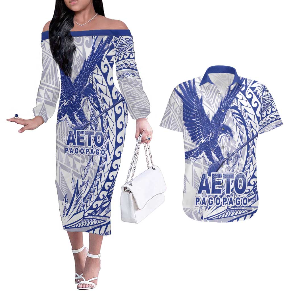 Samoa Pago Pago Aeto Couples Matching Off The Shoulder Long Sleeve Dress and Hawaiian Shirt Wingstyle Blue-White Color - Polynesian Pride
