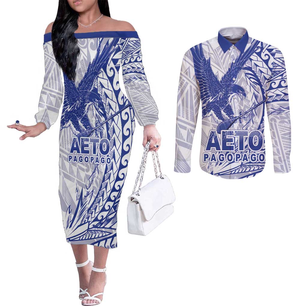Samoa Pago Pago Aeto Couples Matching Off The Shoulder Long Sleeve Dress and Long Sleeve Button Shirt Wingstyle Blue-White Color - Polynesian Pride