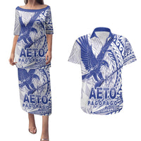 Samoa Pago Pago Aeto Couples Matching Puletasi and Hawaiian Shirt Wingstyle Blue-White Color - Polynesian Pride