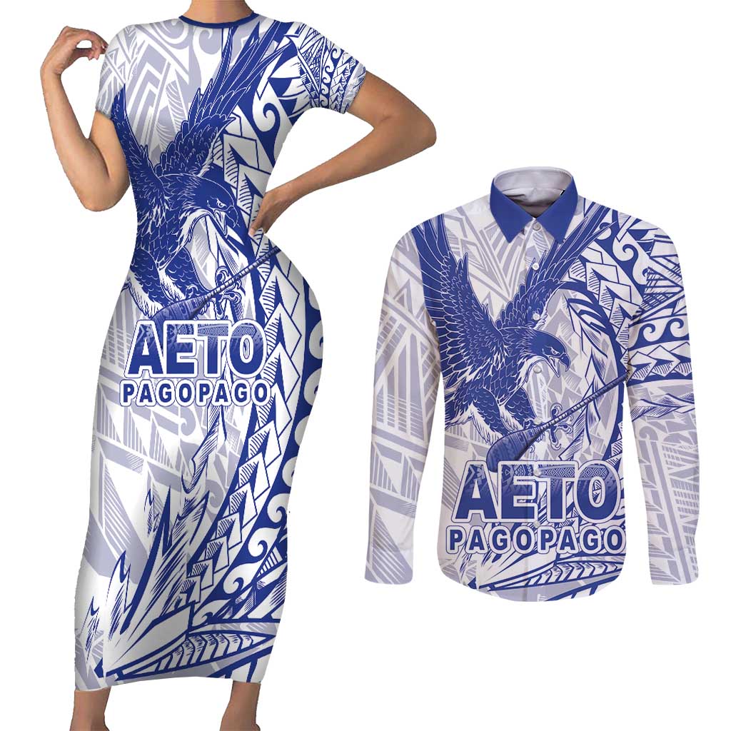 Samoa Pago Pago Aeto Couples Matching Short Sleeve Bodycon Dress and Long Sleeve Button Shirt Wingstyle Blue-White Color - Polynesian Pride