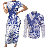 Samoa Pago Pago Aeto Couples Matching Short Sleeve Bodycon Dress and Long Sleeve Button Shirt Wingstyle Blue-White Color - Polynesian Pride