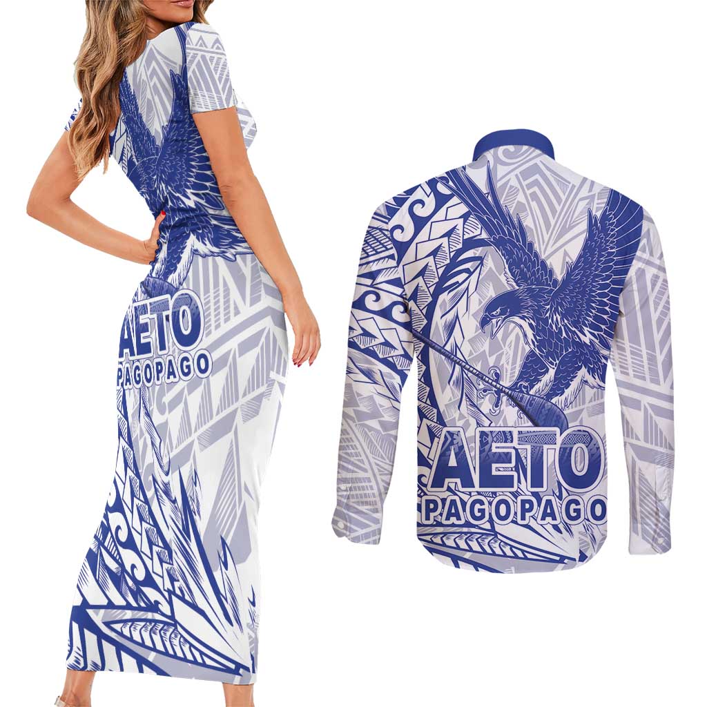 Samoa Pago Pago Aeto Couples Matching Short Sleeve Bodycon Dress and Long Sleeve Button Shirt Wingstyle Blue-White Color - Polynesian Pride