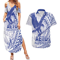 Samoa Pago Pago Aeto Couples Matching Summer Maxi Dress and Hawaiian Shirt Wingstyle Blue-White Color - Polynesian Pride