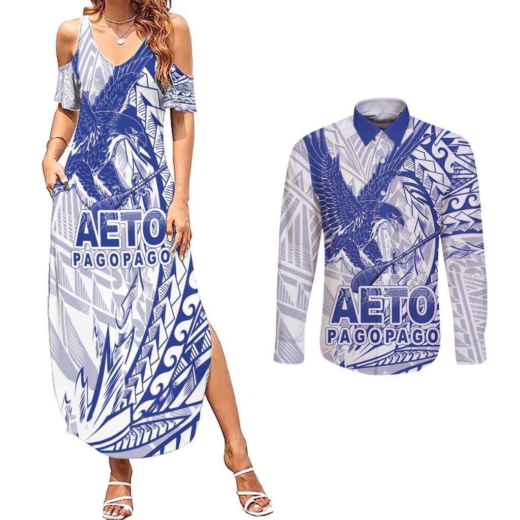 Samoa Pago Pago Aeto Couples Matching Summer Maxi Dress and Long Sleeve Button Shirt Wingstyle Blue-White Color - Polynesian Pride