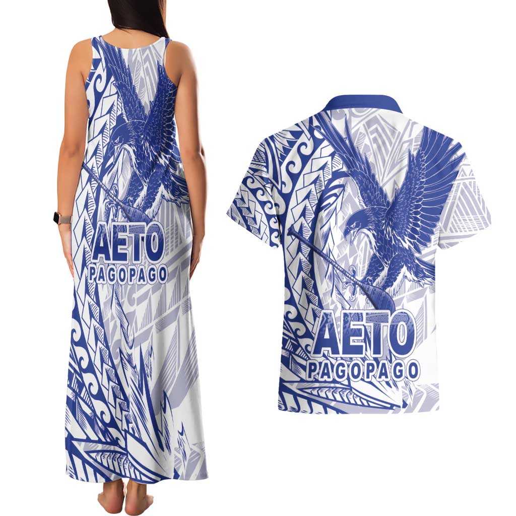 Samoa Pago Pago Aeto Couples Matching Tank Maxi Dress and Hawaiian Shirt Wingstyle Blue-White Color - Polynesian Pride