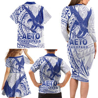 Samoa Pago Pago Aeto Family Matching Long Sleeve Bodycon Dress and Hawaiian Shirt Wingstyle Blue-White Color - Polynesian Pride