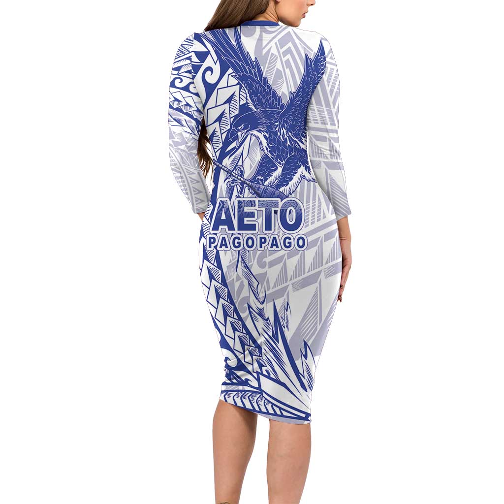 Samoa Pago Pago Aeto Family Matching Long Sleeve Bodycon Dress and Hawaiian Shirt Wingstyle Blue-White Color - Polynesian Pride